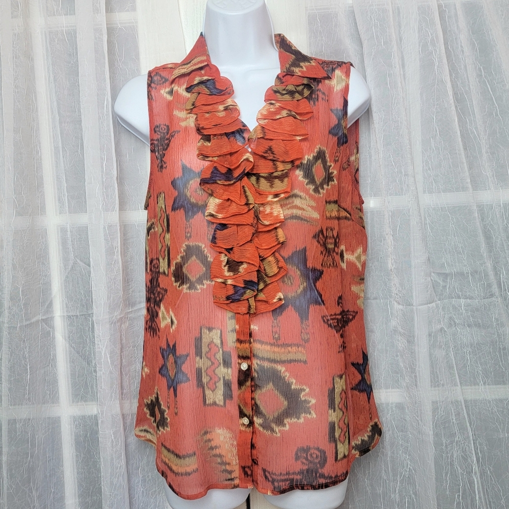 Lauren Ralph Lauren 100% Silk Ruffled Sleeveless Blouse Sz M Sheer Southwestern